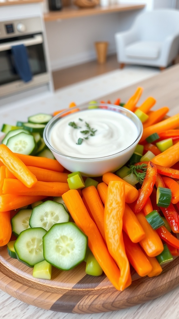 A colorful array of fresh vegetables with a creamy yogurt dip in the center on a wooden board.